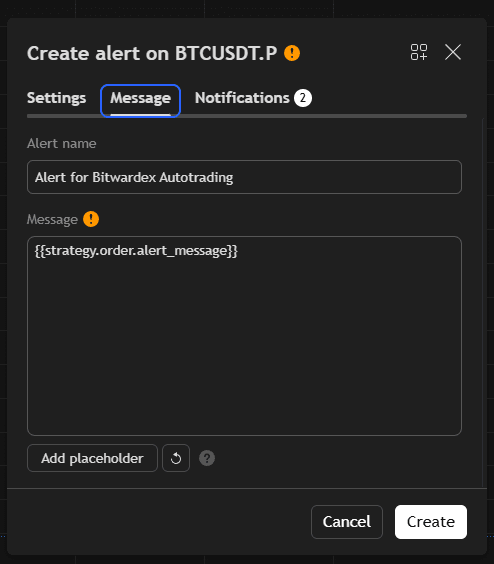 Message tab when creating an alert