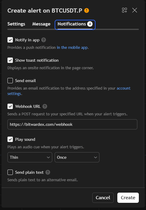 Notifications tab when creating an alert